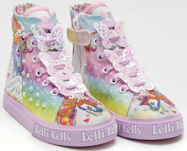 LELLI KELLY LK 9099 UNICORN CANVAS BOOTS HI-TOPS LILAC MULTICOLOURED