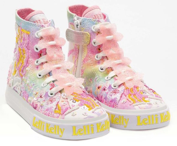 LELLI KELLY LK 1004 UNICORN CANVAS BOOTS HI-TOPS WHITE MULTICOLOURED